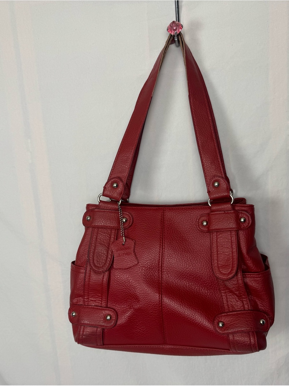 Genuine Leather Red Shoulder Bag Multi-Pocket Tote Handbag Silver Hardware